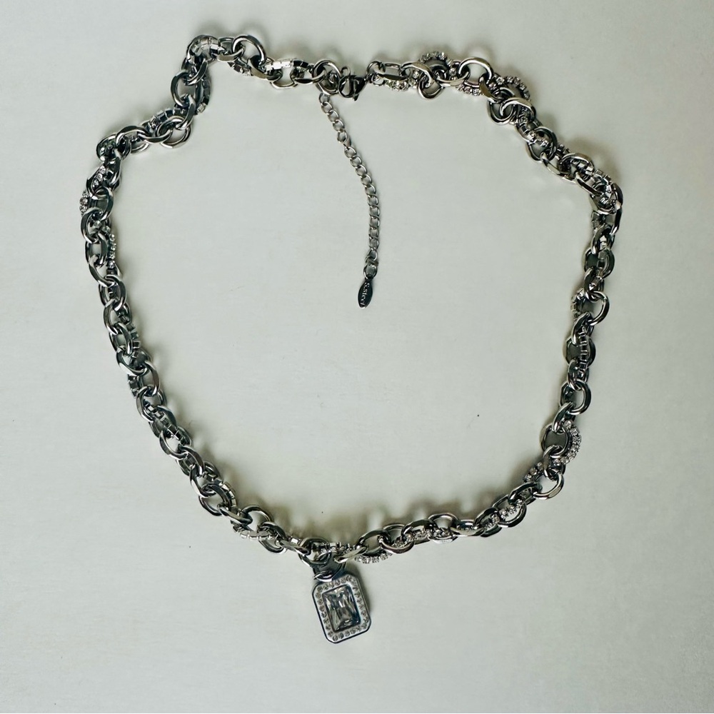 Stainless Steel Crystal Chunky Charm Pendant Necklace Paperclip Chain - Picture 3 of 9